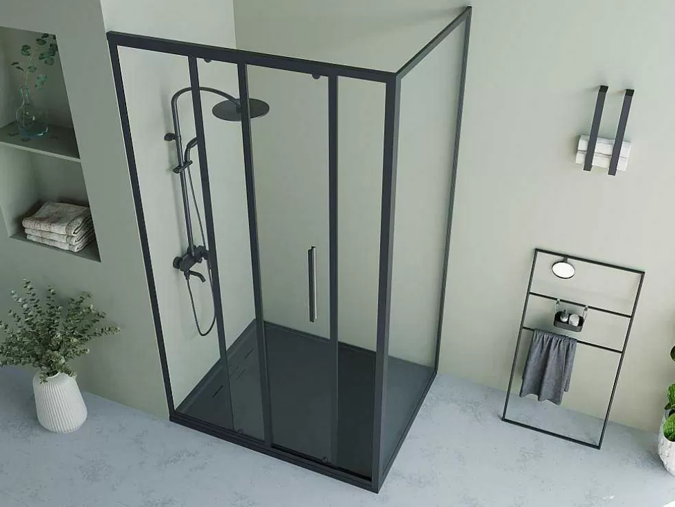 Shower & Design Painel De Duche Fixo Com Porta De Correr Preto Mate Estilo Industrial 120 X 80 X 195 Cm - Toroni* Painel De Duche