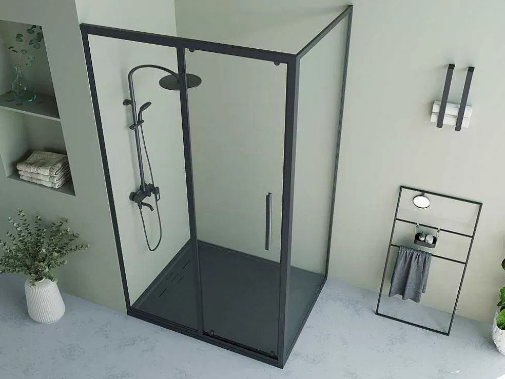 Shower & Design Painel De Duche Fixo Com Porta De Correr Preto Mate Estilo Industrial 120 X 80 X 195 Cm - Toroni* Painel De Duche