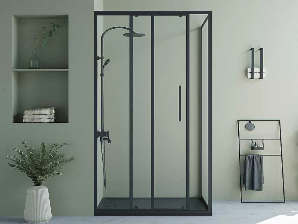 Shower & Design Painel De Duche Fixo Com Porta De Correr Preto Mate Estilo Industrial 120 X 80 X 195 Cm - Toroni* Painel De Duche