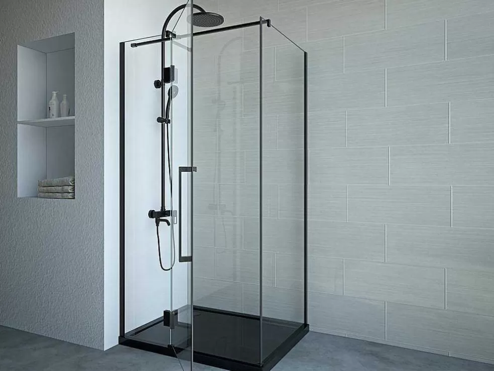 Shower & Design Painel De Duche Fixo Com Porta Giratoria Preto Mate Estilo Industrial 80 X 100 X 190 Cm - Princeton* Painel De Duche