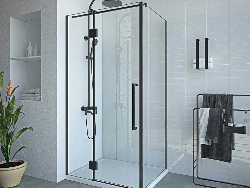 Shower & Design Painel De Duche Fixo Com Porta Giratoria Preto Mate Estilo Industrial 80 X 100 X 190 Cm - Princeton* Painel De Duche
