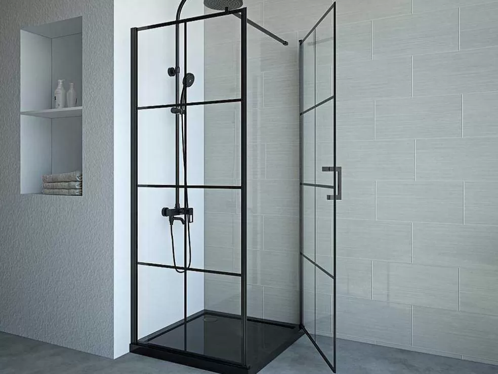 Shower & Design Painel De Duche Fixo Com Porta Giratoria Serigrafado Preto Mate 80 X 80 X 190 Cm - Caparica* Painel De Duche