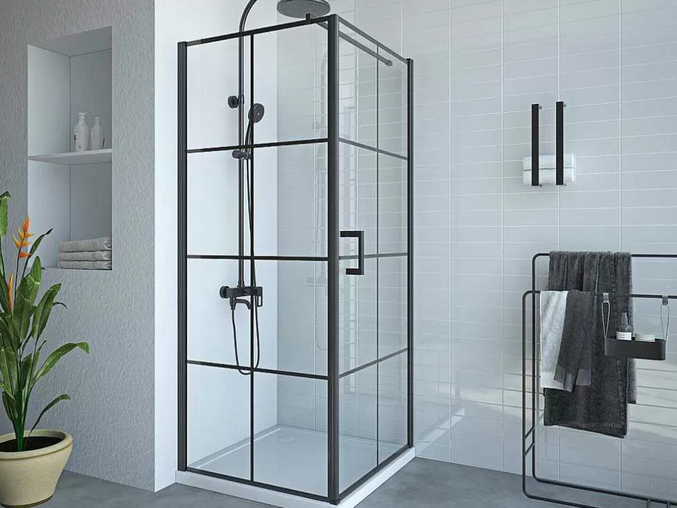 Shower & Design Painel De Duche Fixo Com Porta Giratoria Serigrafado Preto Mate 80 X 80 X 190 Cm - Caparica* Painel De Duche