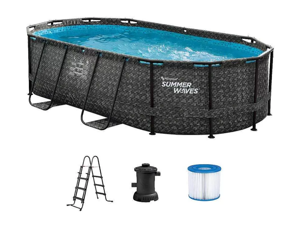 Vente-unique Piscina Tubular Oval Efeito Sarja Em Ziguezague Cinzento-Escuro Com Bomba Filtradora De Cartucho C424 X L250 X A100 Cm - Salamanque* Piscina
