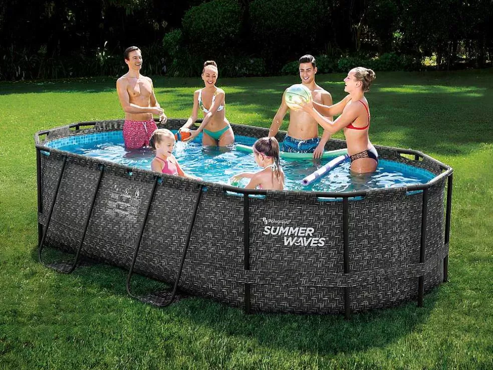 Vente-unique Piscina Tubular Oval Efeito Sarja Em Ziguezague Cinzento-Escuro Com Bomba Filtradora De Cartucho C424 X L250 X A100 Cm - Salamanque* Piscina