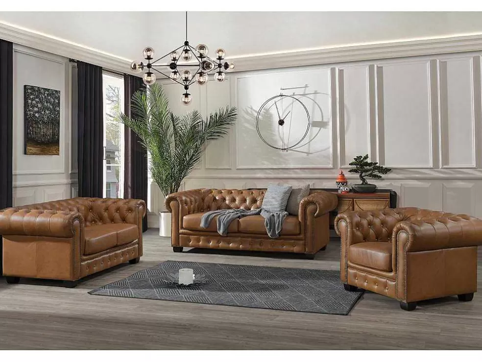 LINEA Sofá Poltrona Chesterfield Brenton 100% Pele De Bufalo Superior Cor Caramelo Vintage* Poltrona Em Pele