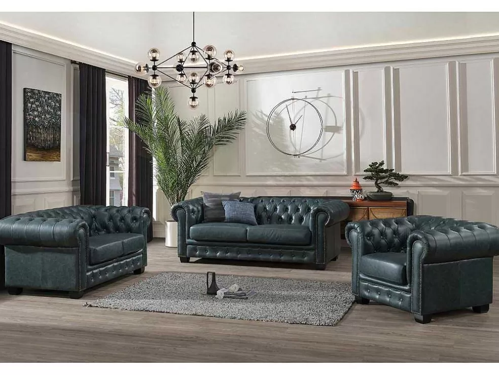 LINEA Sofá Poltrona Chesterfield Brenton 100% Pele De Bufalo Superior Cor Verde-Acinzentado* Poltrona Em Pele