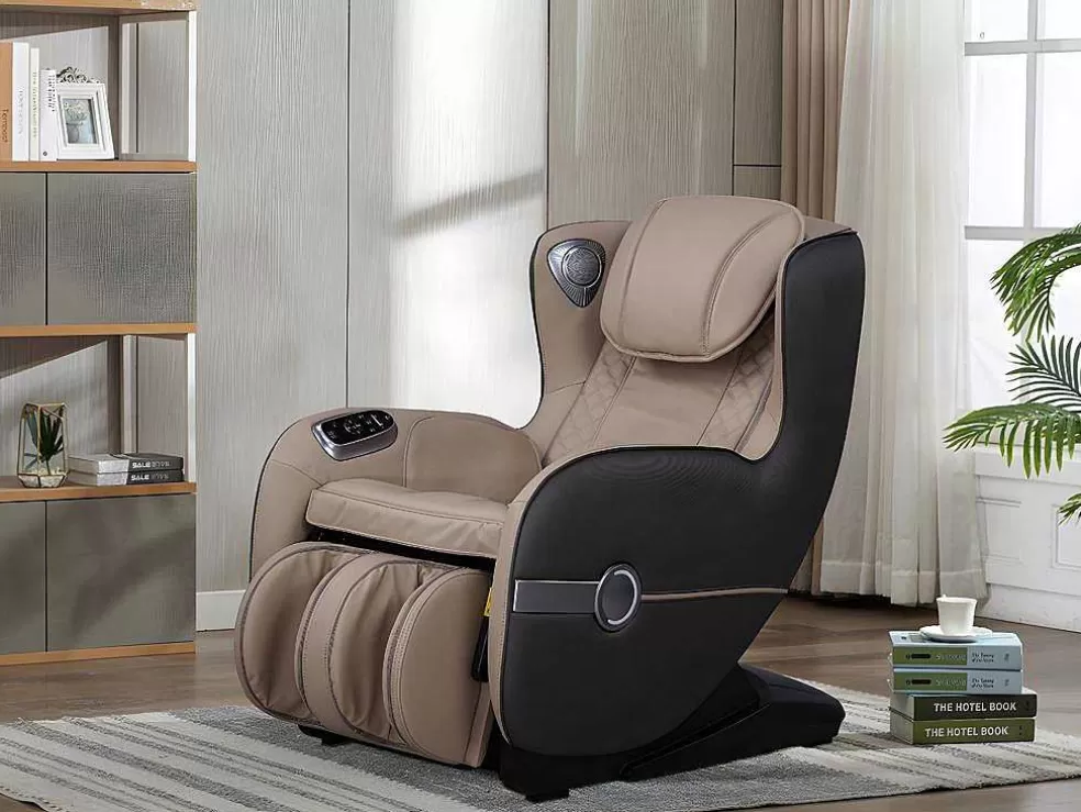 Vente-unique Poltrona De Massagem Em Pele Sintética Bege Com Leds E Sistema De Gravidade Zero - Opcao Bluetooth - Kasou* Poltrona Em Pele Sintética