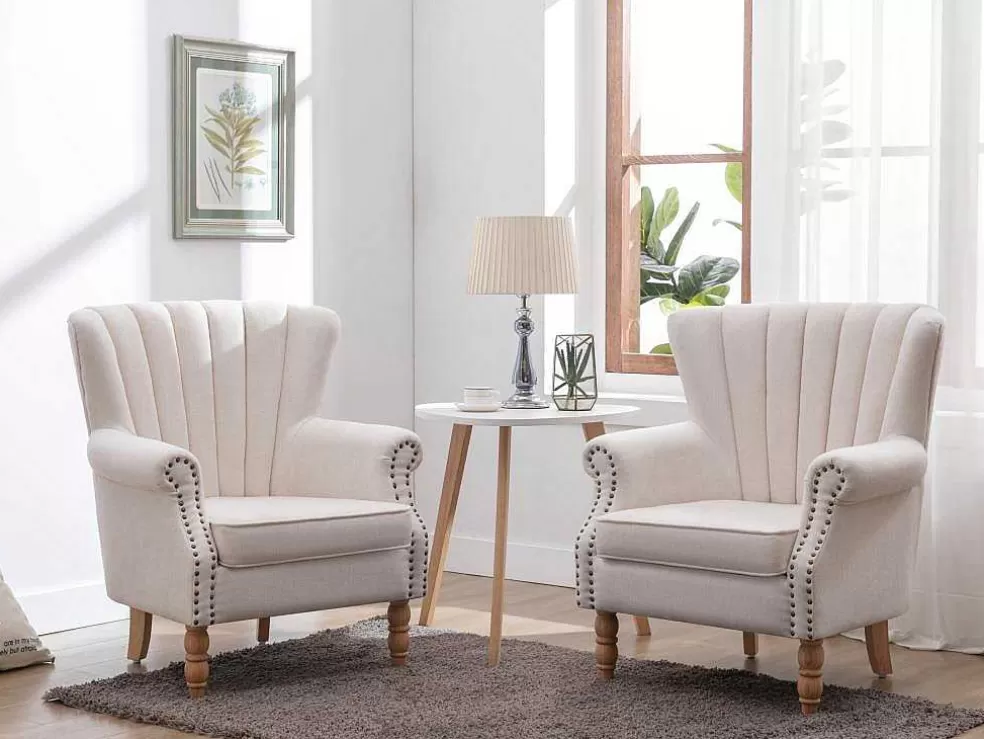 Vente-unique Poltrona Em Tecido Cor Creme Acabamento Canelado - Batoumi* Poltrona Em Tecido