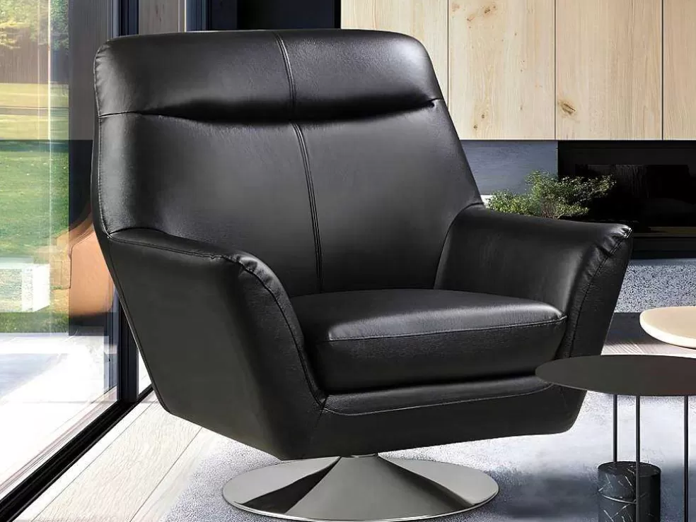 Vente-unique Poltrona Giratoria Em Pele De Bufalo Cor Preto - Ithaque* Poltrona Em Pele