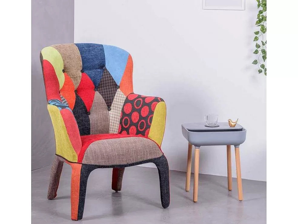 Vente-unique Poltrona Vintage Estofada Em Tecido Patchwork - Capitone - Retalhos* Cadeirão Relax