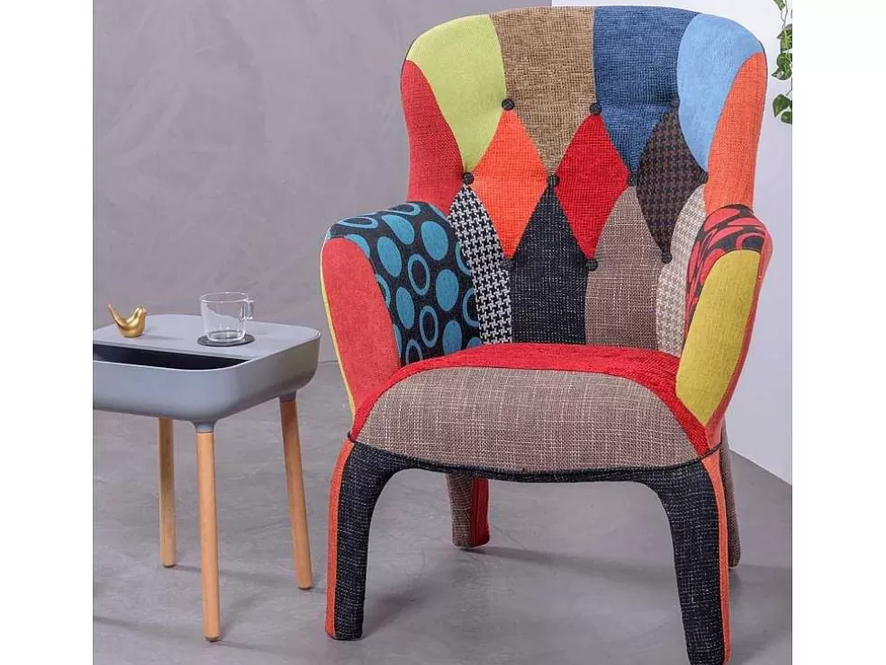 Vente-unique Poltrona Vintage Estofada Em Tecido Patchwork - Capitone - Retalhos* Cadeirão Relax