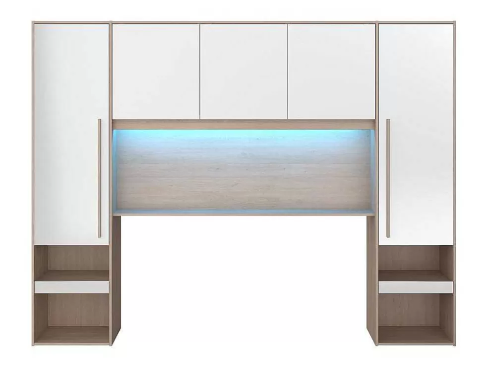Vente-unique Ponte De Cama Com Espacos De Arrumação Com Leds C265 Cm Cor Branco Brilhante E Natural - Velona* Cabeceira E Ponte De Cama