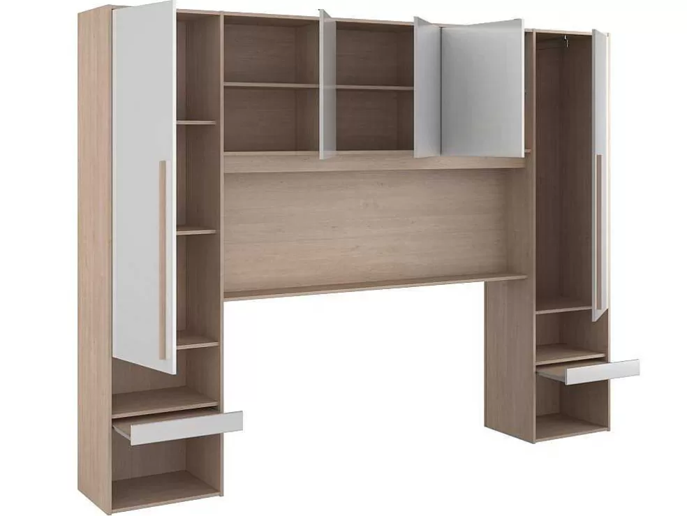 Vente-unique Ponte De Cama Com Espacos De Arrumação Com Leds C265 Cm Cor Branco Brilhante E Natural - Velona* Cabeceira E Ponte De Cama