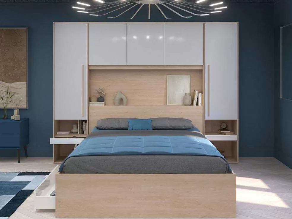 Vente-unique Ponte De Cama Com Espacos De Arrumação Com Leds C265 Cm Cor Branco Brilhante E Natural - Velona* Cabeceira E Ponte De Cama