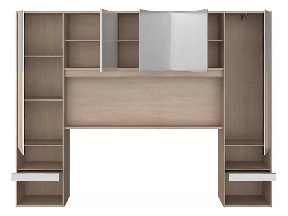 Vente-unique Ponte De Cama Com Espacos De Arrumação Com Leds C265 Cm Cor Branco Brilhante E Natural - Velona* Cabeceira E Ponte De Cama
