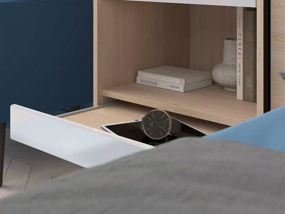 Vente-unique Ponte De Cama Com Espacos De Arrumação Com Leds C265 Cm Cor Branco Brilhante E Natural - Velona* Cabeceira E Ponte De Cama