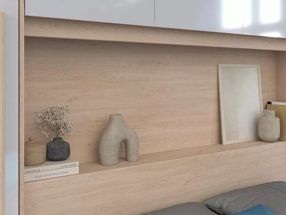 Vente-unique Ponte De Cama Com Espacos De Arrumação Com Leds C265 Cm Cor Branco Brilhante E Natural - Velona* Cabeceira E Ponte De Cama