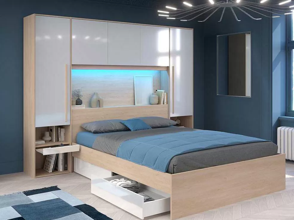 Vente-unique Ponte De Cama Com Espacos De Arrumação Com Leds C265 Cm Cor Branco Brilhante E Natural - Velona* Cabeceira E Ponte De Cama