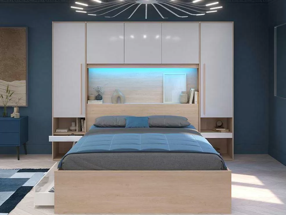 Vente-unique Ponte De Cama Com Espacos De Arrumação Com Leds C265 Cm Cor Branco Brilhante E Natural - Velona* Cabeceira E Ponte De Cama