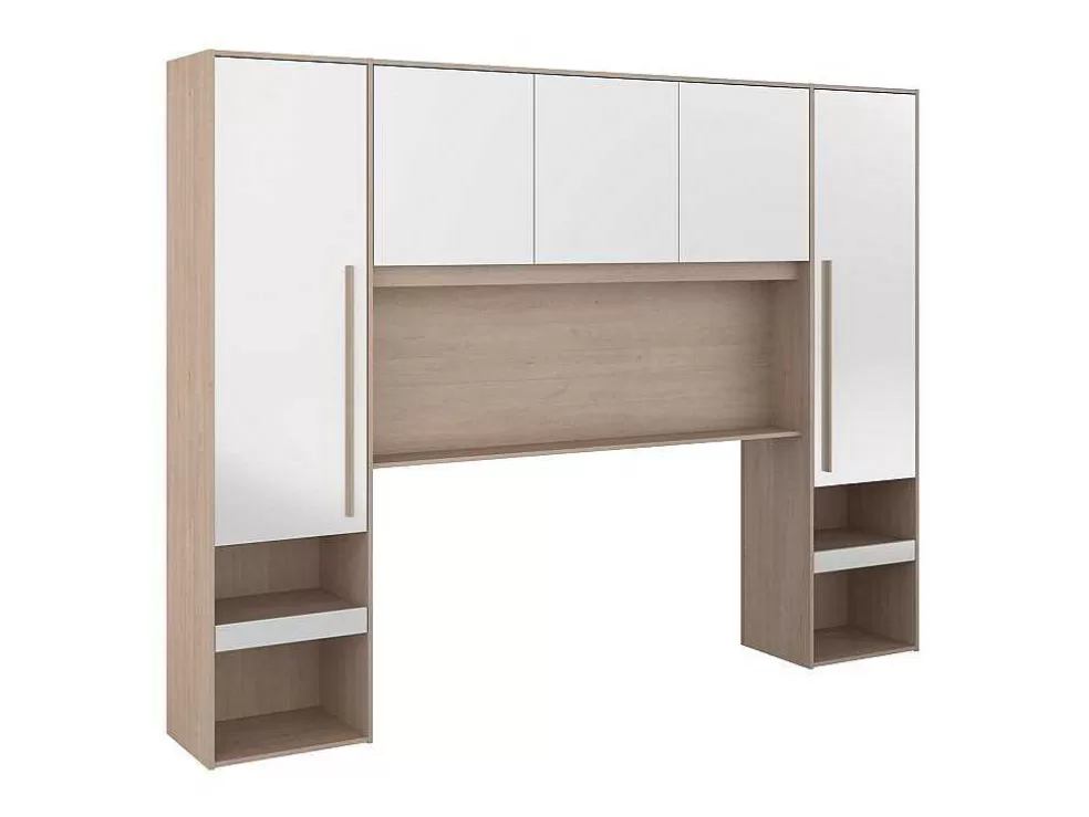 Vente-unique Ponte De Cama Com Espacos De Arrumação Com Leds C265 Cm Cor Branco Brilhante E Natural - Velona* Cabeceira E Ponte De Cama