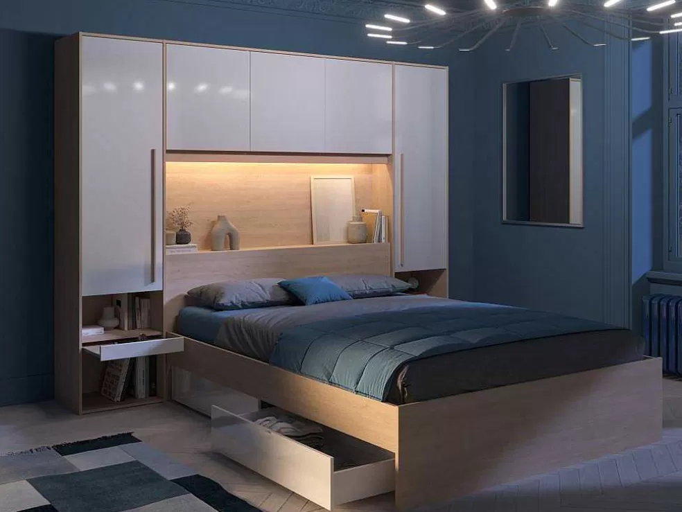Vente-unique Ponte De Cama Com Espacos De Arrumação Com Leds C265 Cm Cor Branco Brilhante E Natural - Velona* Cabeceira E Ponte De Cama