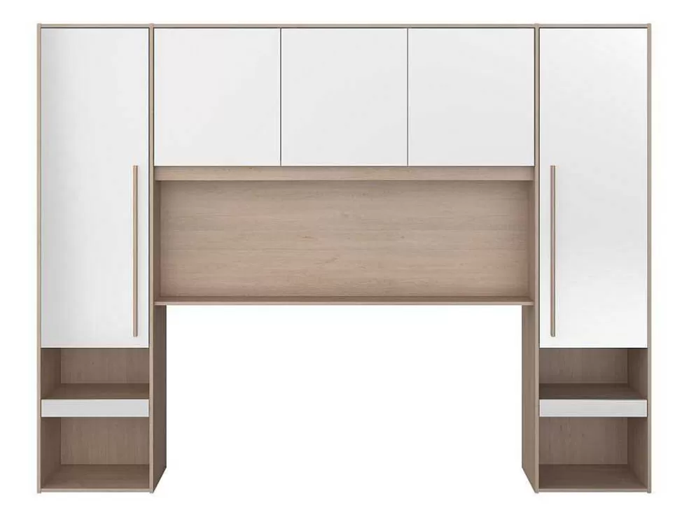 Vente-unique Ponte De Cama Com Espacos De Arrumação Com Leds C265 Cm Cor Branco Brilhante E Natural - Velona* Cabeceira E Ponte De Cama