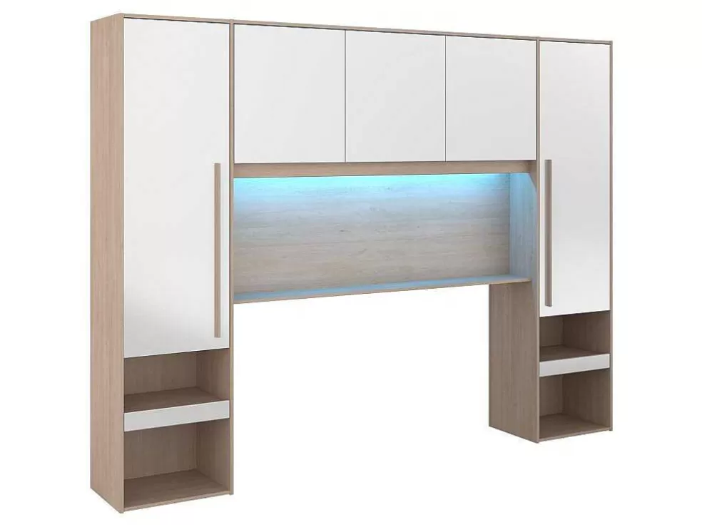 Vente-unique Ponte De Cama Com Espacos De Arrumação Com Leds C265 Cm Cor Branco Brilhante E Natural - Velona* Cabeceira E Ponte De Cama