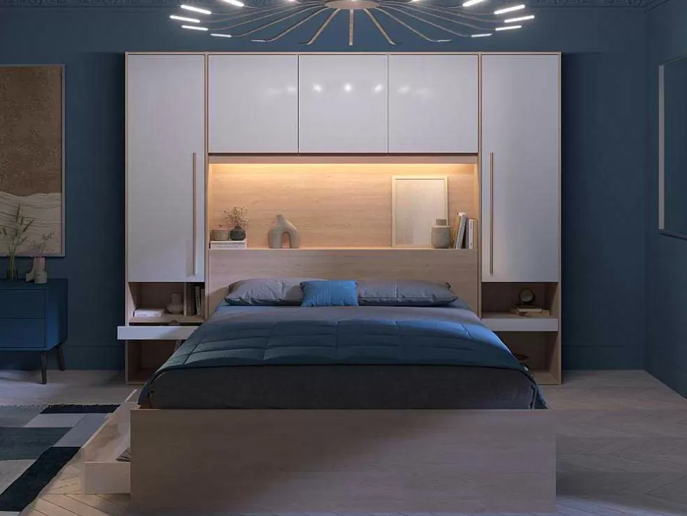 Vente-unique Ponte De Cama Com Espacos De Arrumação Com Leds C265 Cm Cor Branco Brilhante E Natural - Velona* Cabeceira E Ponte De Cama