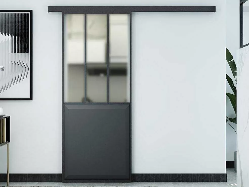 Vente-unique Porta De Correr Atelier Em Aplique Preto E Vidro Temperado Fosco, A205 X L73 Cm - Artisto* Porta De Correr