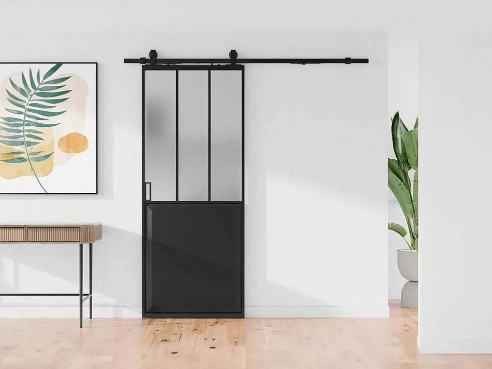 Vente-unique Porta De Correr De Atelier Com Trilho, Preto E Vidro Temperado Fosco A205 X L73 Cm - Artisto Ii* Porta De Correr