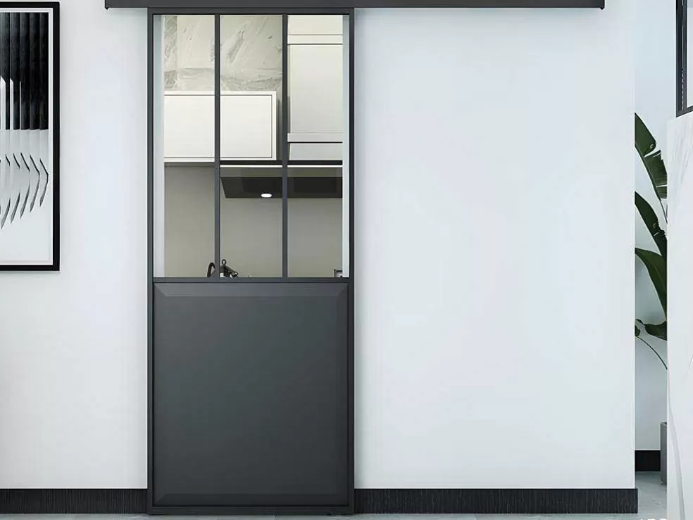 Vente-unique Porta De Correr De Atelier Em Aplique A205 Cm X L73 Cm Mdf Preto E Vidro Temperado Transparente - Artisto* Porta De Correr