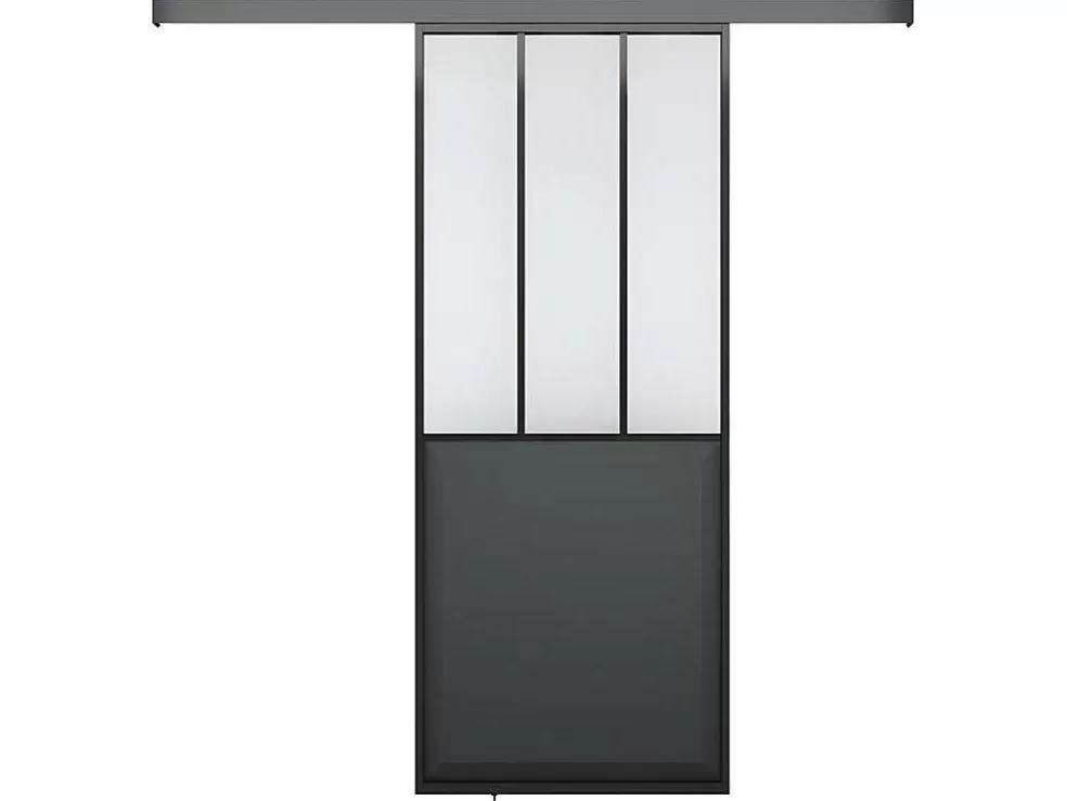 Vente-unique Porta De Correr De Atelier Em Aplique A205 Cm X L73 Cm Mdf Preto E Vidro Temperado Transparente - Artisto* Porta De Correr
