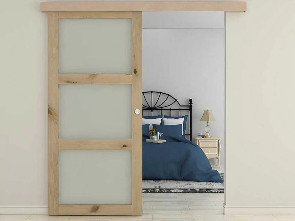 Vente-unique Porta De Correr Em Aplique Com 3 Vidros De A205 X C93 Cm Em Mdf Cor Madeira Natural - Acosta* Porta De Correr