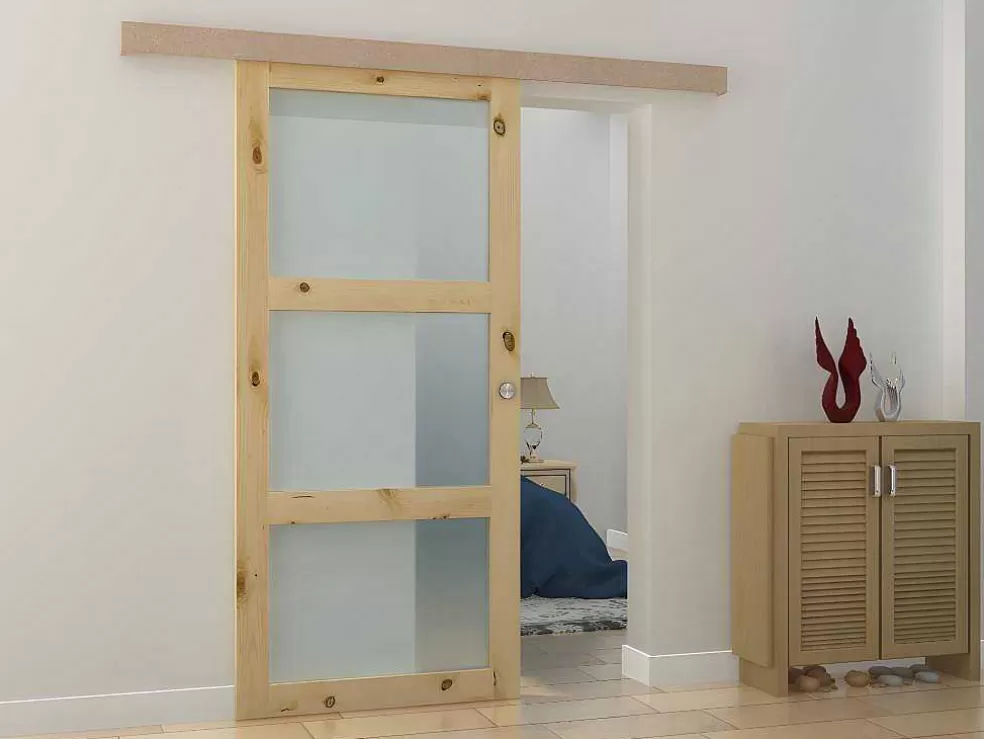 Vente-unique Porta De Correr Em Aplique Com 3 Vidros De A205 X C93 Cm Em Mdf Cor Madeira Natural - Acosta* Porta De Correr