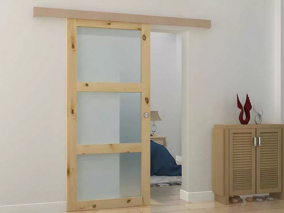 Vente-unique Porta De Correr Em Aplique Com 3 Vidros De A205 X C83 Cm Em Mdf Cor Madeira Natural - Acosta* Porta De Correr