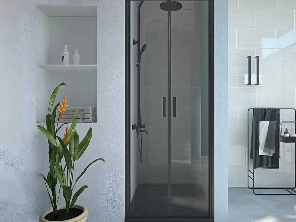 Shower & Design Porta De Duche De Batente 70 X 195 Cm Preto Mate Vidro Temperado - Sarasota* Painel De Duche
