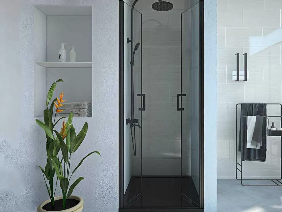 Shower & Design Porta De Duche De Batente 80 X 195 Cm Preto Mate Vidro Temperado - Sarasota* Painel De Duche
