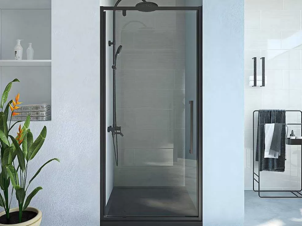 Shower & Design Porta De Duche Giratoria Em Metal Preto Mate De Estilo Industrial 80 X 195 Cm - Tamri* Painel De Duche