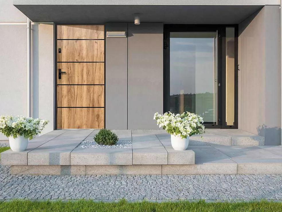 Vente-unique Porta De Entrada Em Aco E Inox A207 X L100 Cm Efeito Carvalho, Abertura Para A Direita - Naxara* Porta De Entrada