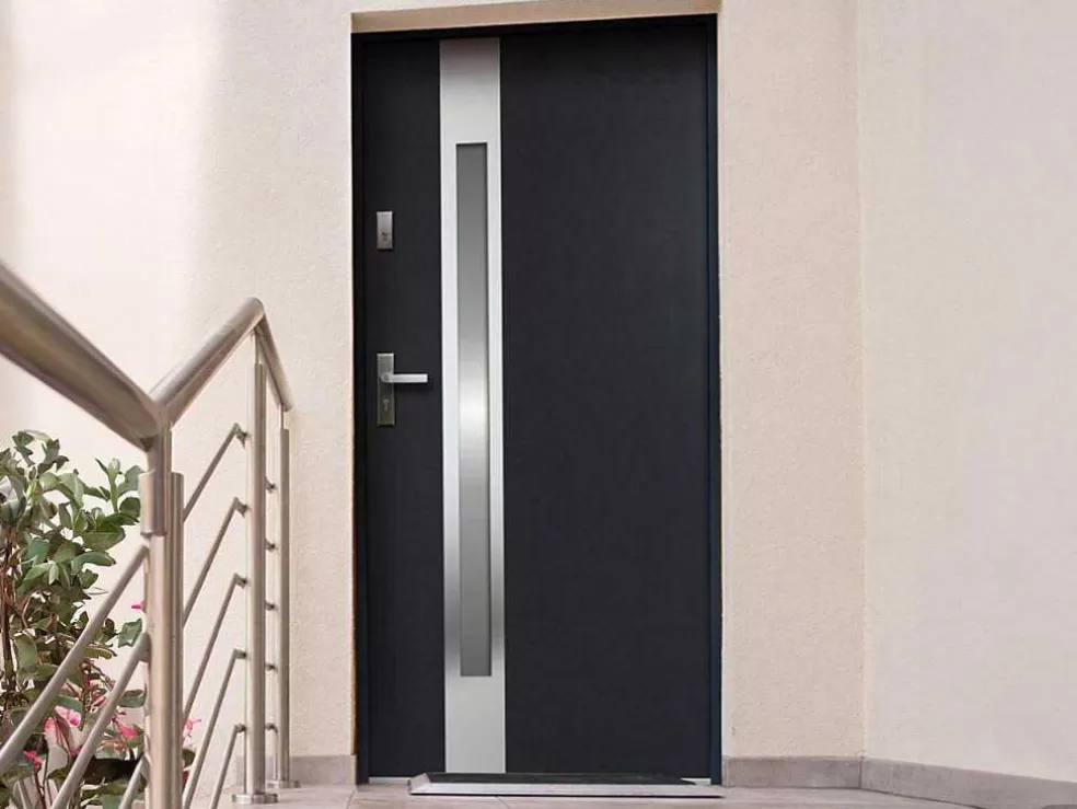Vente-unique Porta De Entrada Em Aco Envidracado Com Inox De A.207 X L.100 Cm Cor Antracite Com Abertura Para A Direita - Braga* Porta De Entrada
