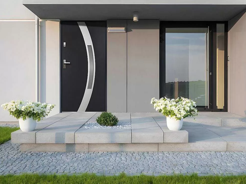 Vente-unique Porta De Entrada Em Aco Envidracado Com Inox De A.207 X L.100 Cm Cor Antracite Com Abertura Para A Direita - Trofa* Porta De Entrada