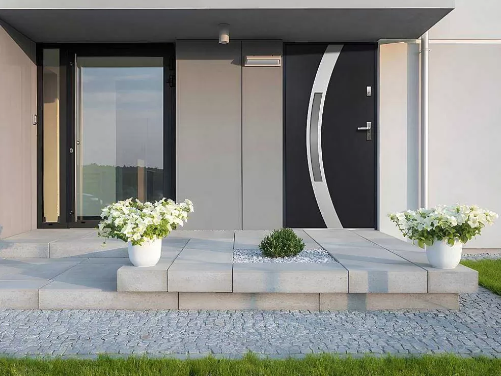 Vente-unique Porta De Entrada Em Aco Envidracado Com Inox De A.207 X L.100 Cm Cor Antracite Com Abertura Para A Esquerda - Trofa* Porta De Entrada