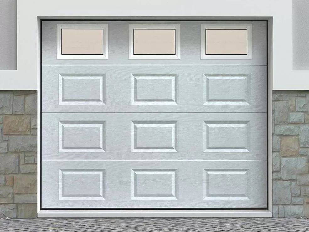 Vente-unique Porta De Garagem Seccionada Com Padrao Quadriculado Branco Com Janelas Motorizada - Caopas* Porta De Garagem