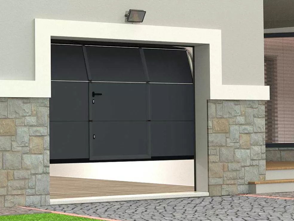 Somfy Porta De Garagem Seccionada Efeito Liso Com Porta Central Antracite Com Motor - Lavega* Porta De Garagem