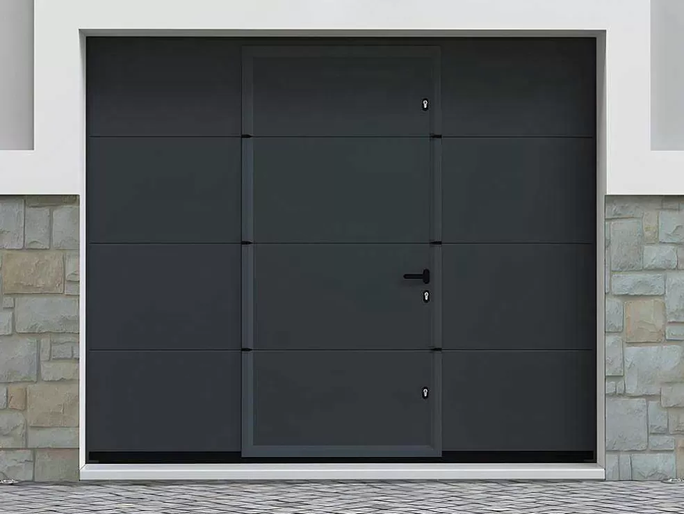 Vente-unique Porta De Garagem Seccionada Efeito Liso Com Porta Central Antracite Motorizada - Lavega* Porta De Garagem