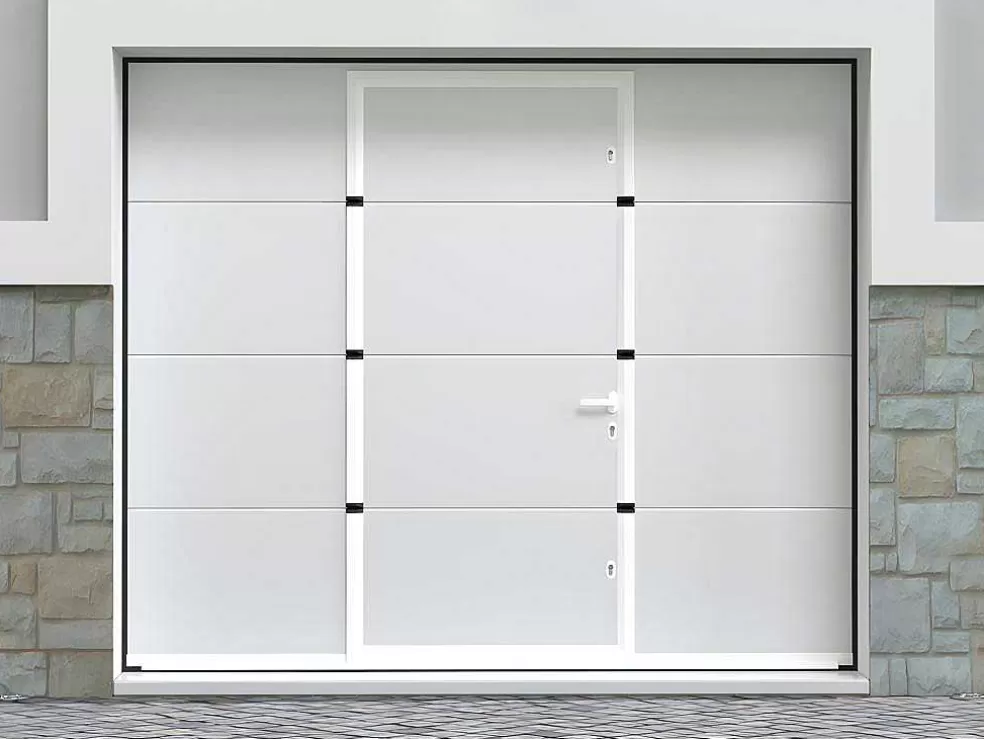 Vente-unique Porta De Garagem Seccionada Efeito Liso Com Porta Central Branco Motorizado - Lavega* Porta De Garagem