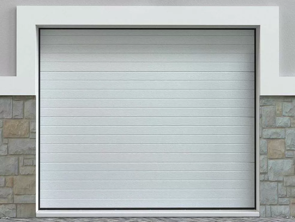 Vente-unique Porta De Garagem Seccionada Efeito Ranhurado Branco Motorizada - Noria* Porta De Garagem
