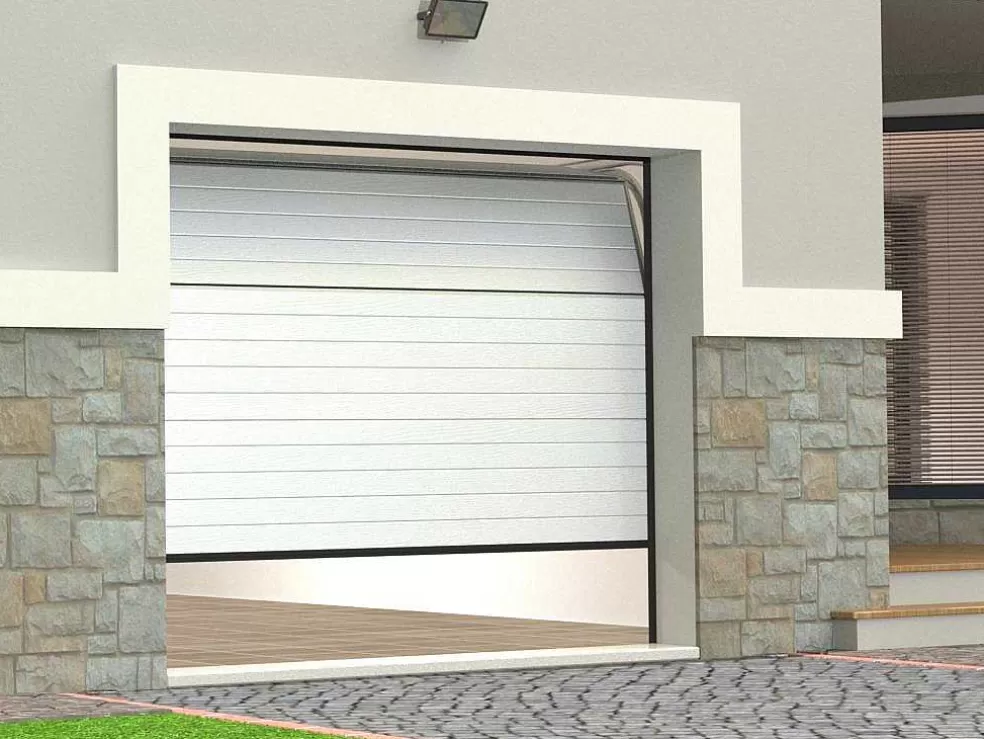 Vente-unique Porta De Garagem Seccionada Efeito Ranhurado Branco Motorizada - Noria* Porta De Garagem