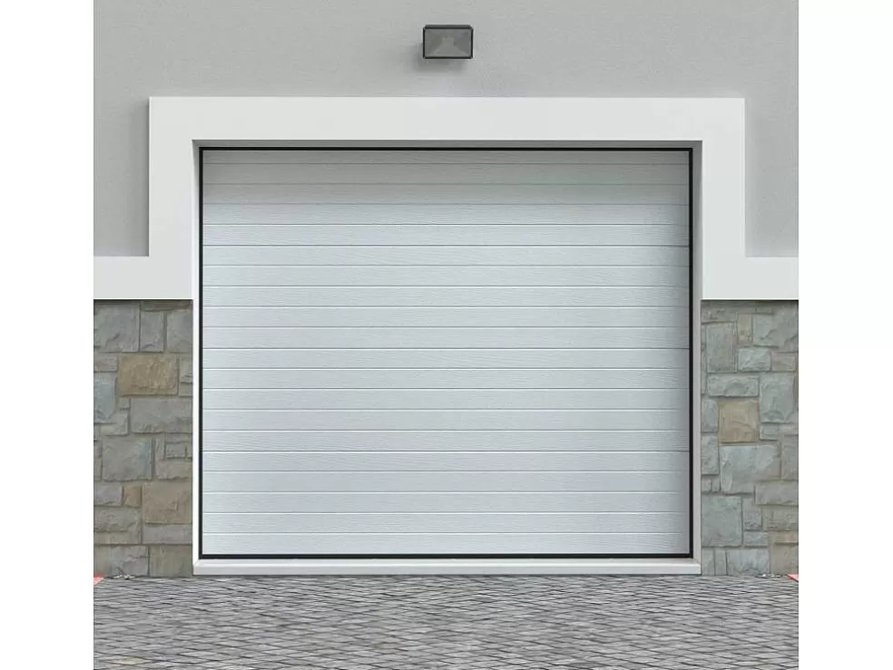 Vente-unique Porta De Garagem Seccionada Efeito Ranhurado Branco Motorizada - Noria* Porta De Garagem